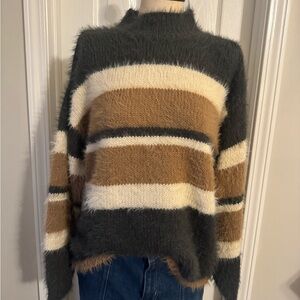 Eesome Fuzzy Striped Sweater - Black, Cream, Brown